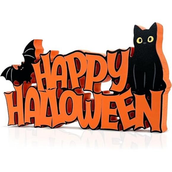 Halloween Table Decorations Happy Halloween Sign Black Cat Bat Tabletop - Picture 7 of 7